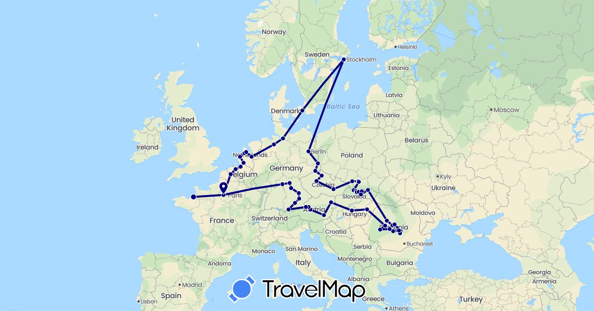 TravelMap itinerary: driving in Austria, Belgium, Czech Republic, Germany, Denmark, France, Hungary, Netherlands, Poland, Romania, Sweden, Slovakia (Europe)